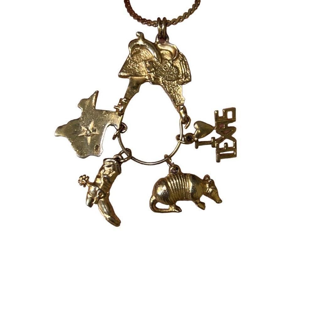 Vintage Texas Charm Necklace Gold Tone Armadillo Boot Longhorn Western Souvenir